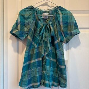 NWT Vintage Caribbean Joe Blue and Green Plaid Button Up Blouse - Size Large